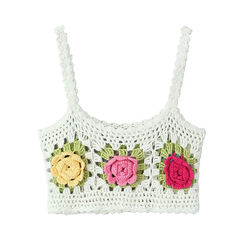 YENKYE 2025 Women Ethnic Hollow Out Handmade Crochet Camisole Sexy Sleeveless 3D Flower Summer Tank Tops Holiday Crop Vest