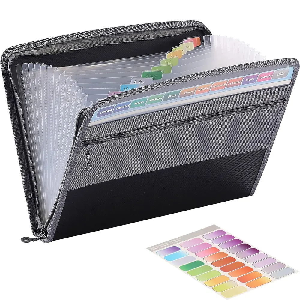Carpeta expandible de 1 pieza - 13 compartimentos, carpeta A4, bolsa portátil para documentos estilo acordeón, incluye 27 etiquetas de colores.