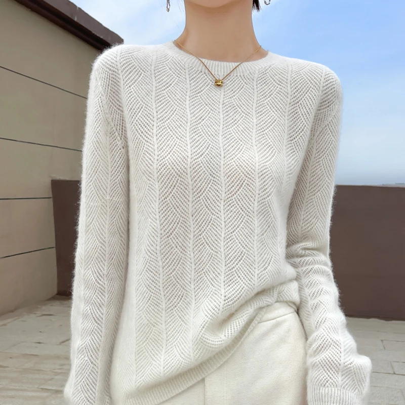 Autumn Winter New 100% Wool Sweater Women O-Neck Long Sleeve Top Sector Hollow Out Female Knit Casual Bottoming Pullover Jumper