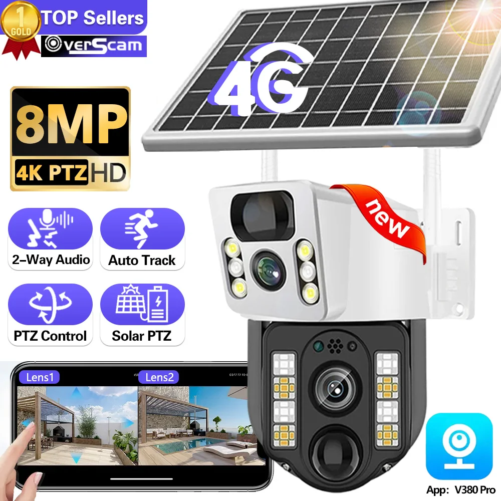 

8MP 4K Wireless Solar Camera 4G Sim Outdoor Dual Lens IP Camera PIR Night Vision V380 Pro CCTV Security Protection Monitor