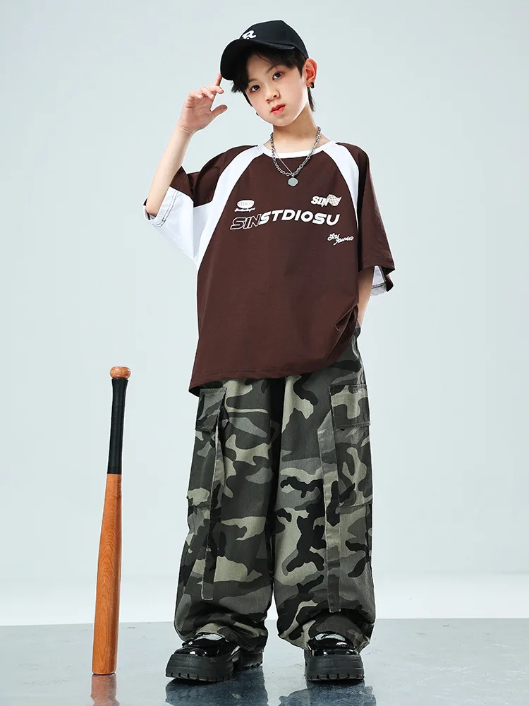 เด็ก Hip Hop เสื้อผ้า Coffee Crop Top T เสื้อลําลอง Cargo Baggy กางเกงสําหรับ Girl Boy Jazz Dance เสื้อผ้าเครื่องแต่งกาย