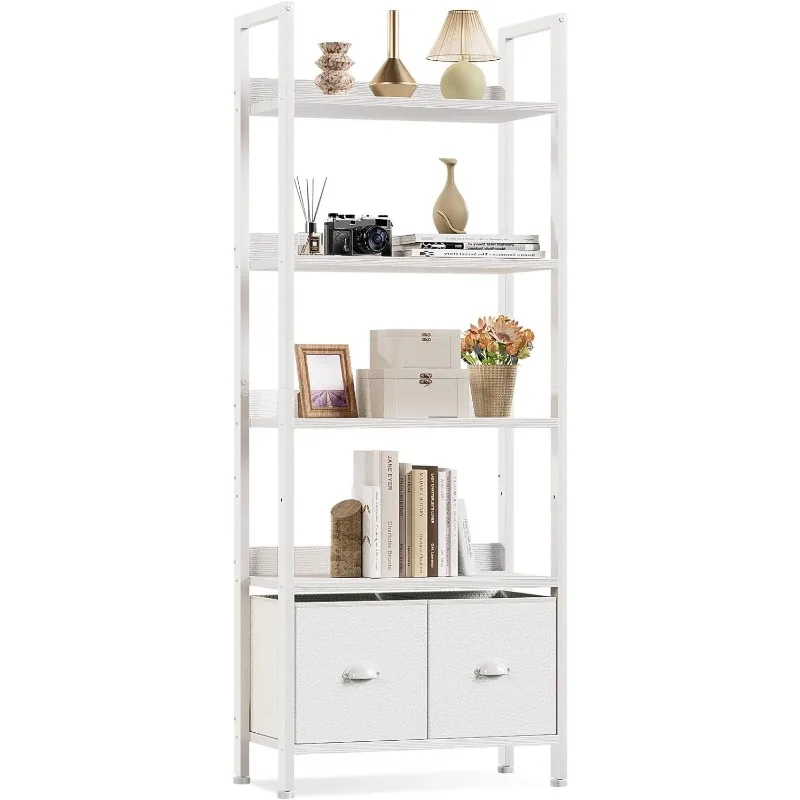 5 Tier Bookshelf with Drawers, White Tall Bookcase with Shelves, Wood and Metal Book Shelf Storage Organizer