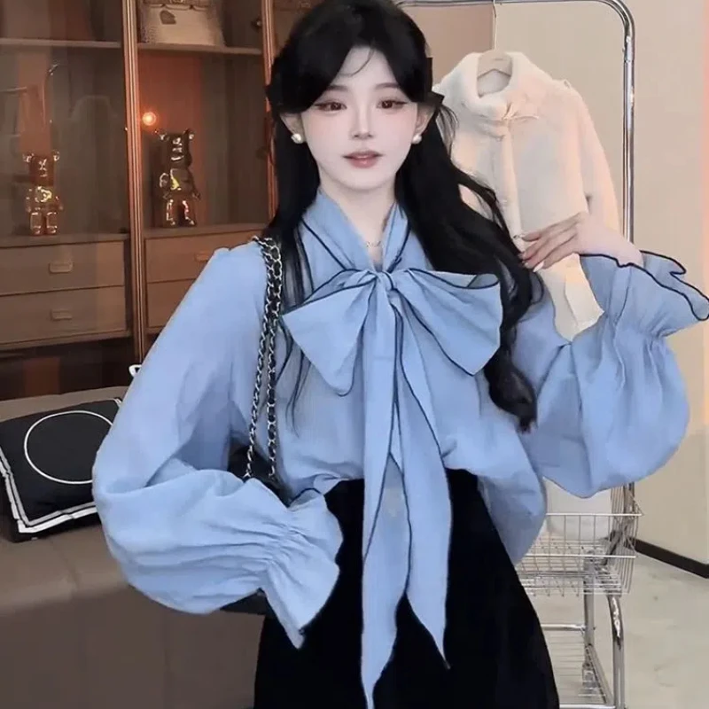 Fashion Chiffon Commute Stand Collar Lacing Bow Blouse Basic Solid Color Spring Autumn New Flare Sleeve Woman Elegant Blouses