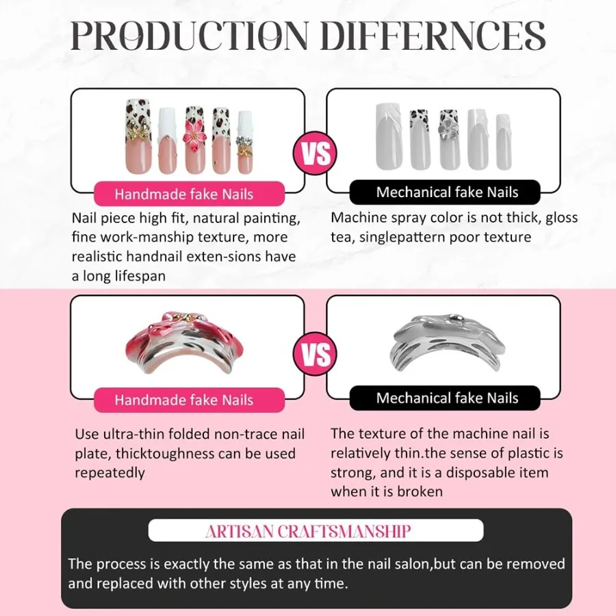 اضغط يدويًا على الأظافر على شكل اللوز مع تصميمات زهور ثلاثية الأبعاد ولمسات لامعة وردية للنساء أظافر صناعية أنيقة ذات طرف فرنسي Se