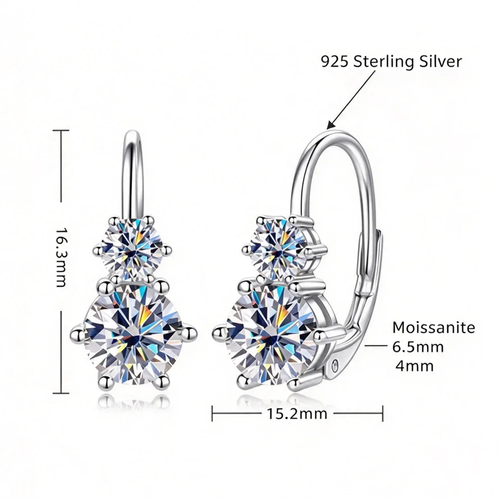 925 Silver Two Round Moissanite Drop Hoop Earrings 6.5mm and 4mm Stone Leverback Fine Jewelry for Women Wedding Party Gift