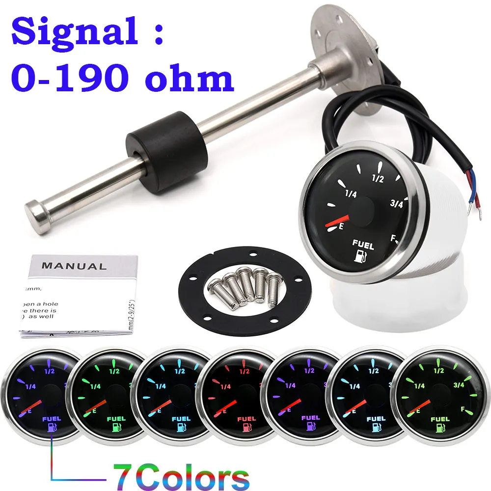 52mm Fuel Level Gauge with 100-550mm Fuel Level Sensor 7 Color Marine Boat Car Point Fuel Tank Level Meter For Oil Tank Level