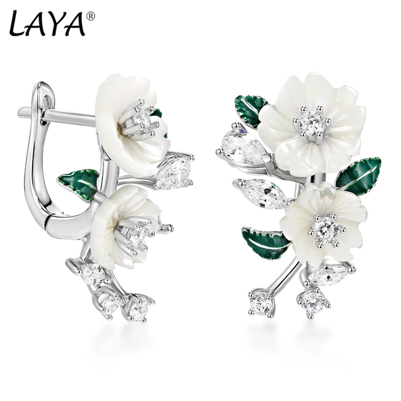 

Laya Earrings For Women High Quality Zircon Natural Shell Flower Green Leaf Enamel 925 Sterling Silver Fashion Modern Jewelry