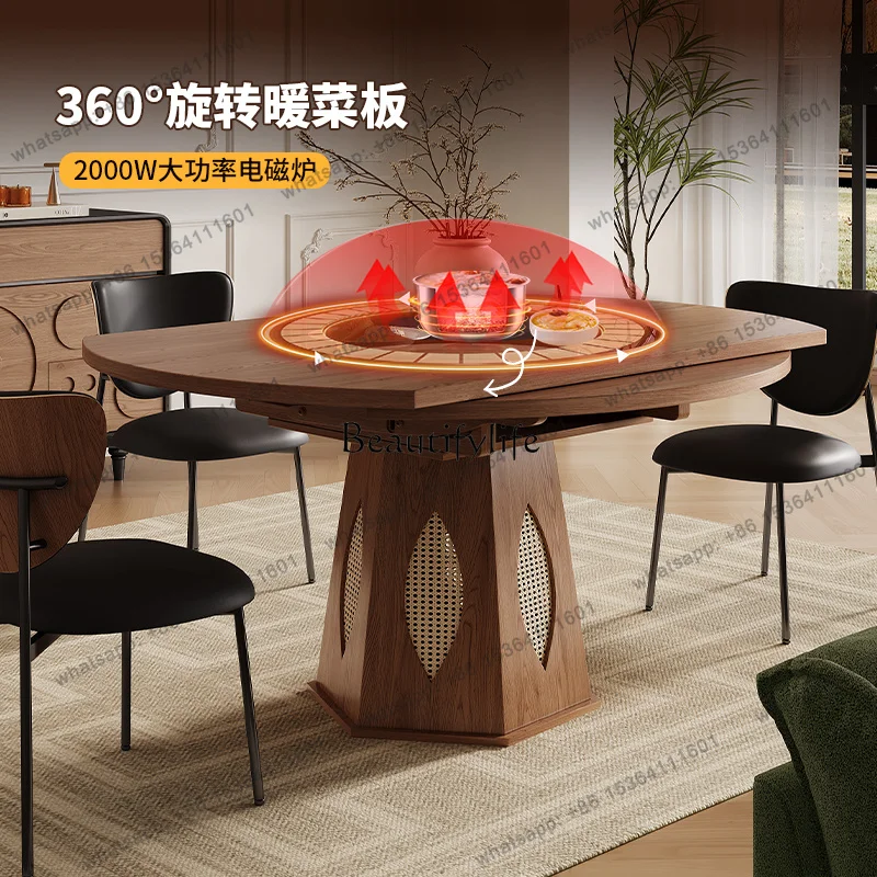 DZ Solid Wood Dining Table Household Small Apartment Retro Retractable Variable Round Table