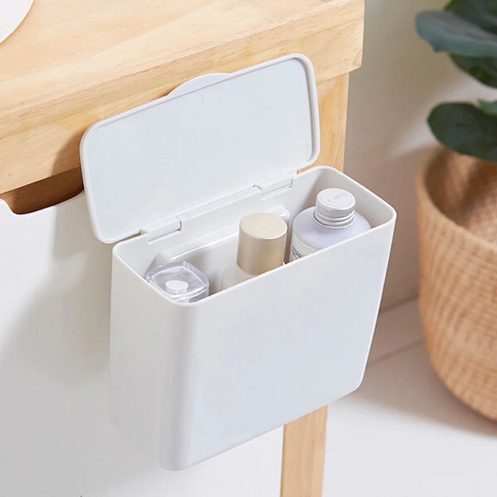 

White Plastic Storage Box Cabinet Door Hanging Sundries Container Lid Desktop Organizer Garbage Basket
