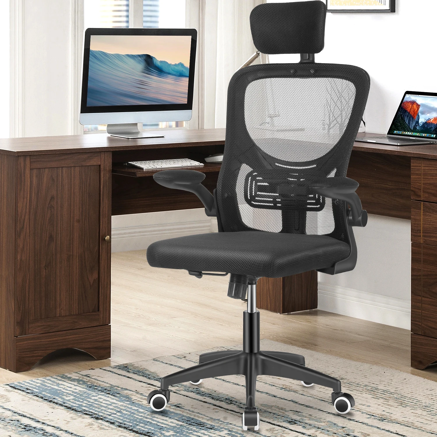 Image of Sedia da ufficio Sedia da scrivania con supporto per la schiena, sedia ergonomica con bracciolo ribaltabile, poggiatesta regolabile, sedia girevole in rete cod004