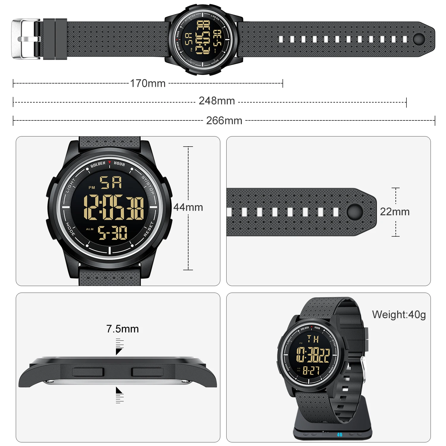 GOLDENHOUR Fashion Outdoor Sport Watch Men Multi-functional Alarm Clock Chrono 5Bar Waterproof Digital Watch Silicone  Strap