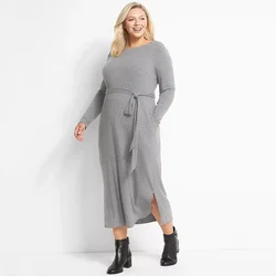 Robe mi-longue en tricot à manches longues pour femmes, robe droite, grande taille, décontracté, élégant, été, 5XL, 6XL