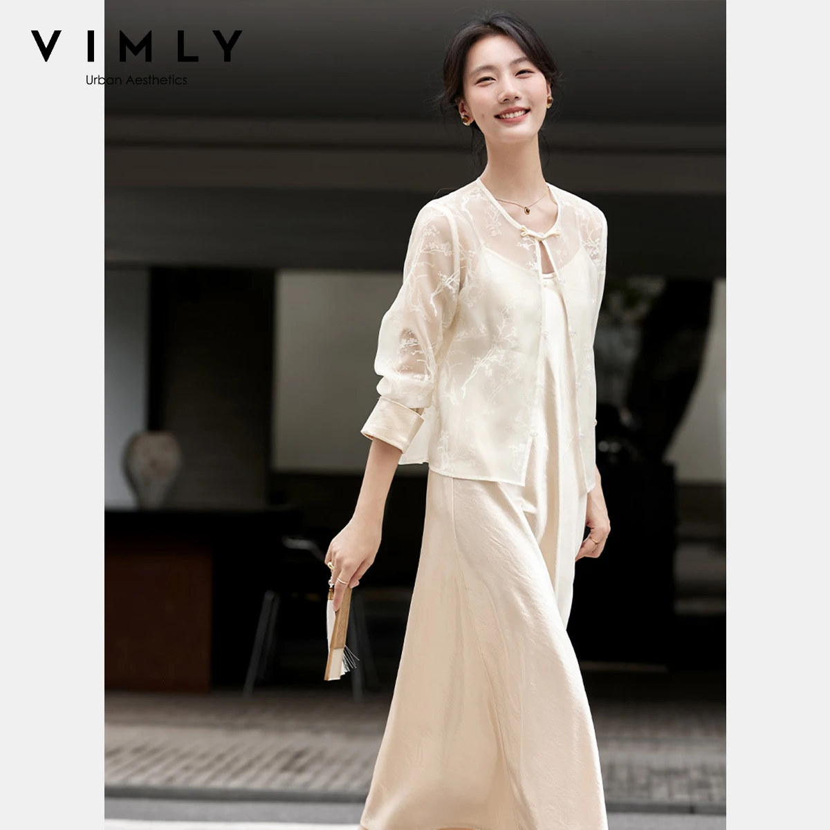 Vimly conjuntos de vestido de duas peças feminino estilo chinês manga longa impressão floral jaqueta longa suspender vestidos de cetim 2025 outono a2683