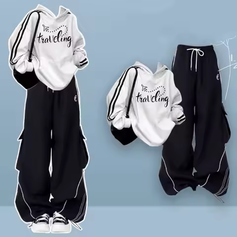 Women's Spring Autumn American Safari Style Hooded Sweatshirts Cargo Pants Two Piece Sets Lady Casual Letter Tops Trousers Suits