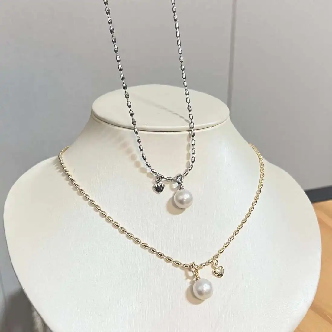 Gold and silver dual color optional new love bean necklace 9-10MM round natural Edison half hole freshwater pearl necklace