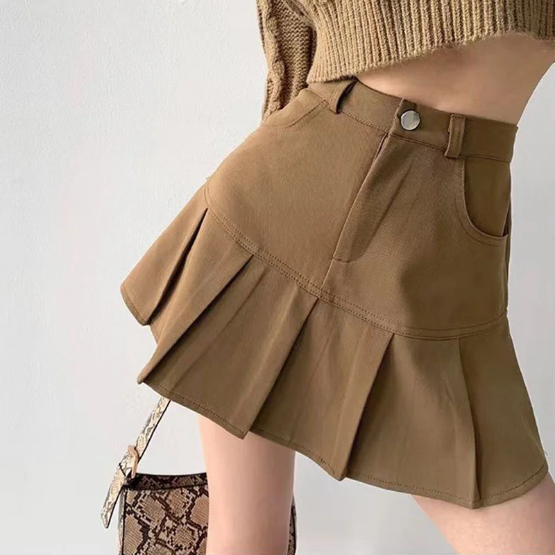 Vintage High Waist Pleated Skirt Women College Style Uniforms Safety Pants Mini Skirts Woman Korean Street Slim A-Line Skirt