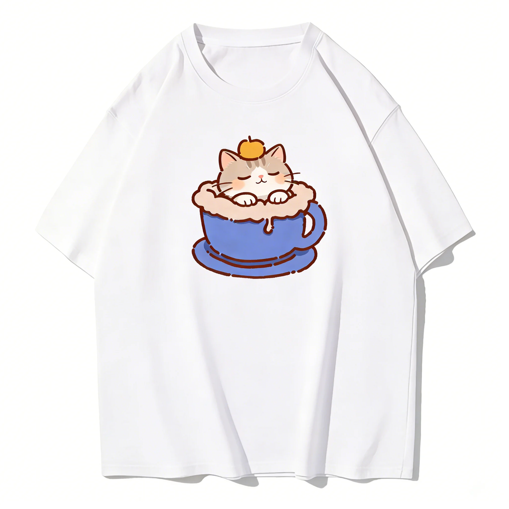 

Футболка с принтом Zagros Kawaii Cat In Coffee Cup, повседневная хлопковая футболка унисекс с короткими рукавами, летняя уличная одежда для любителей кофе