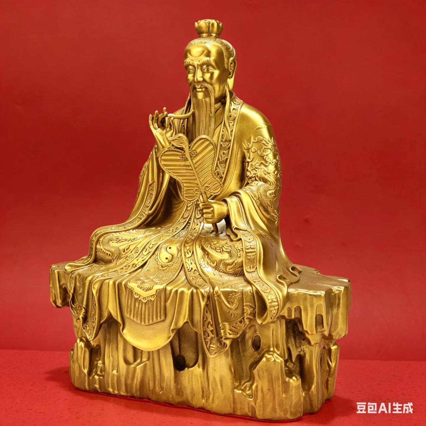 Old Brass Ancestral Master The founder of Taoism Lord Lao Zi Holding a fan Buddha Terrace Sitting statue Study screen