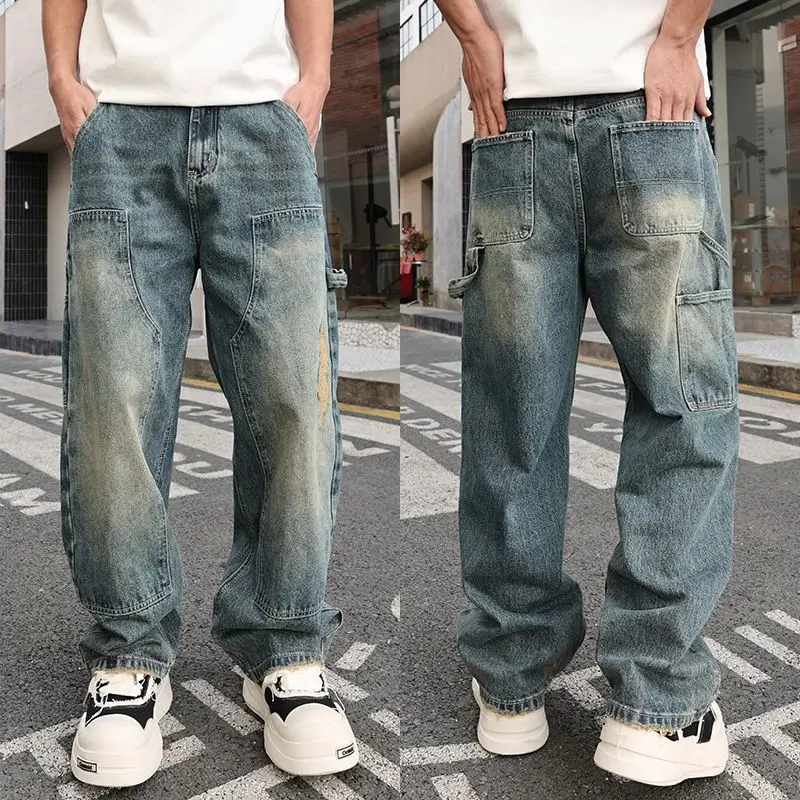 

Patchworks Blue Cargo Jeans Men New Street Wear Side Pockets Damaged Washed Denim Bottoms