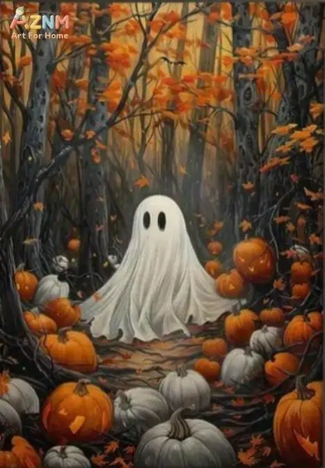 AZNM Retro Autumn Forest Ghost Pumpkin Canvas Wall Art Vintage Spooky Halloween Fall Scenery Farmhouse Home Decor Unframed Canva