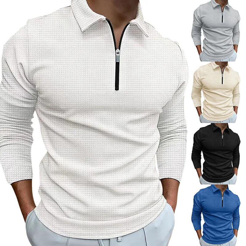 2024 European and American Style Zipper POLO Shirt Men's Walf Checks Fabric Casual Plus Size Lapels Long Sleeve T-shirt