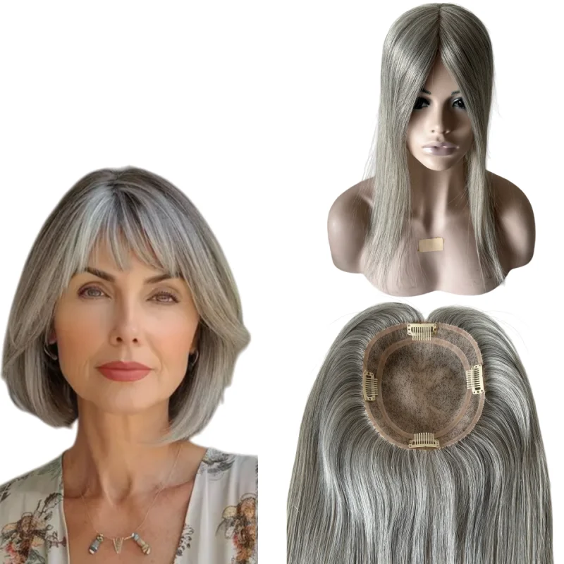 

12 inches Mongolian Virgin Human Hair 5.5x6 Mono Topper,#1b90 Grey White Human Hair Pieces for European Woman