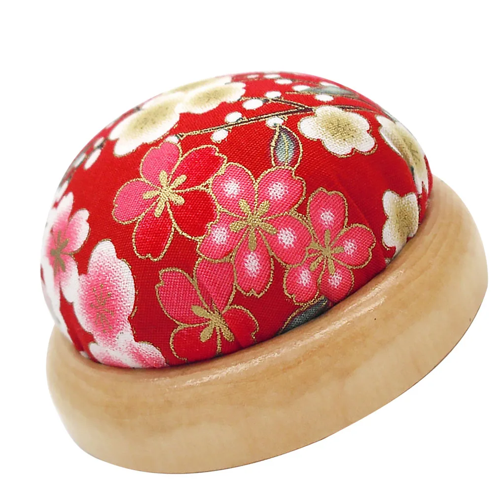 Wooden Base Sewing Cushion Polyester Printed Flower Pincushions Home Knitting Pin Holder, Light Beige