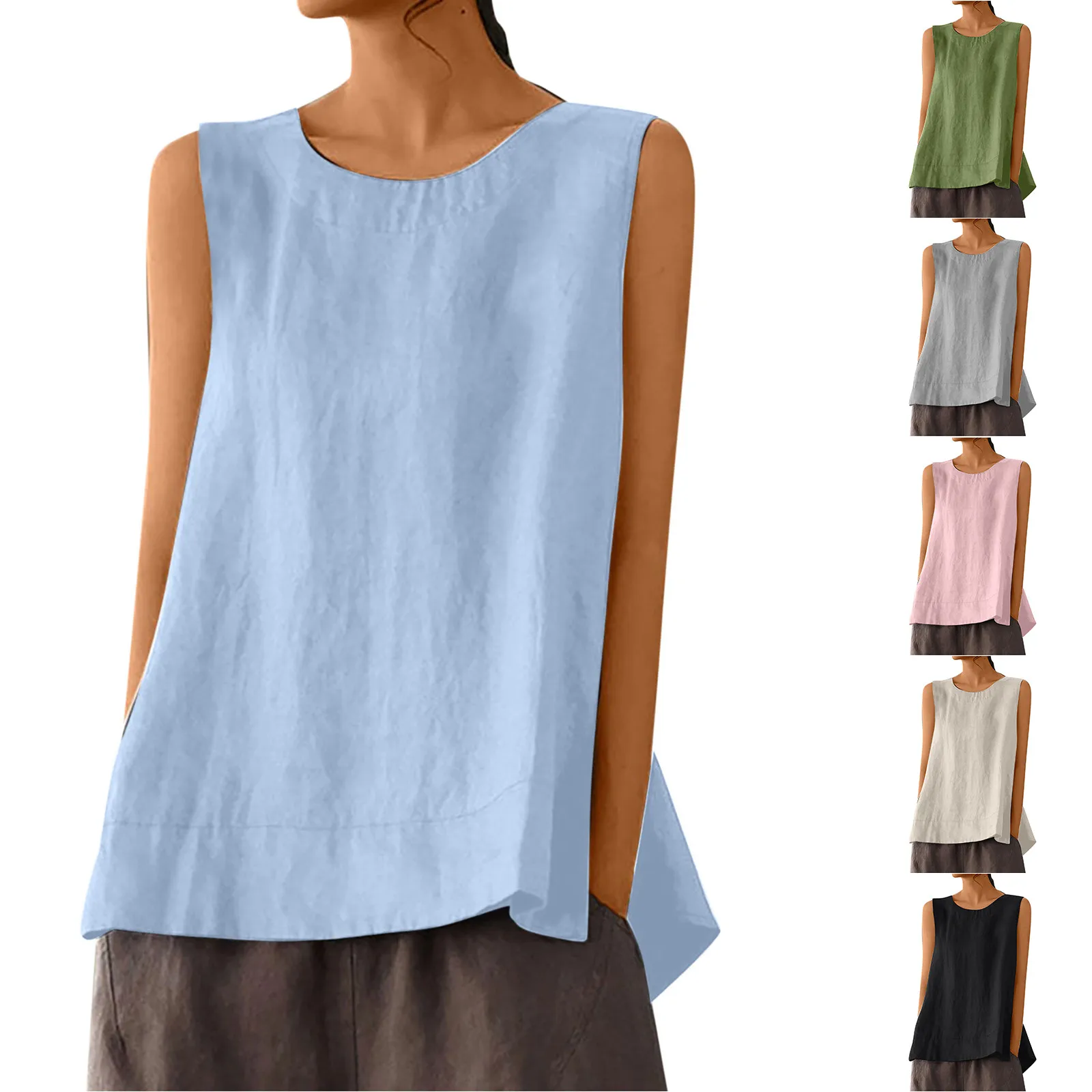 Female Summer Oversized Solid Color Retro Casual Cotton Linen Solid Color Sleeveless Round Neck Soft And Breathable Top Vest