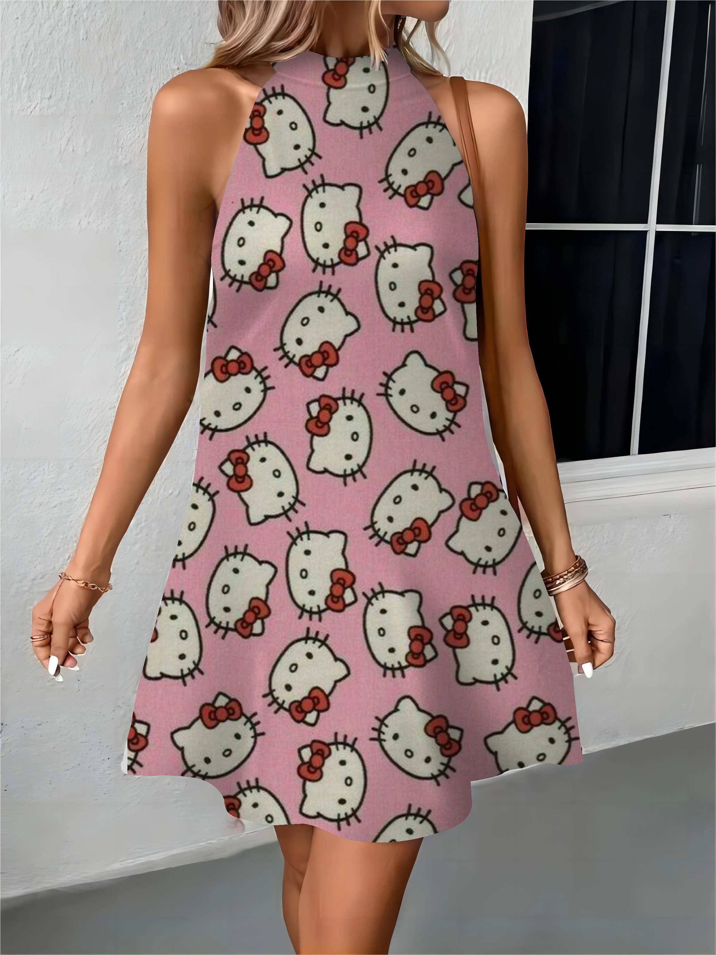 Vestido Midi con hombros descubiertos para mujer, traje con lazo de Hello Kitty, delantal elegante para fiesta de noche, moda de verano, 2024
