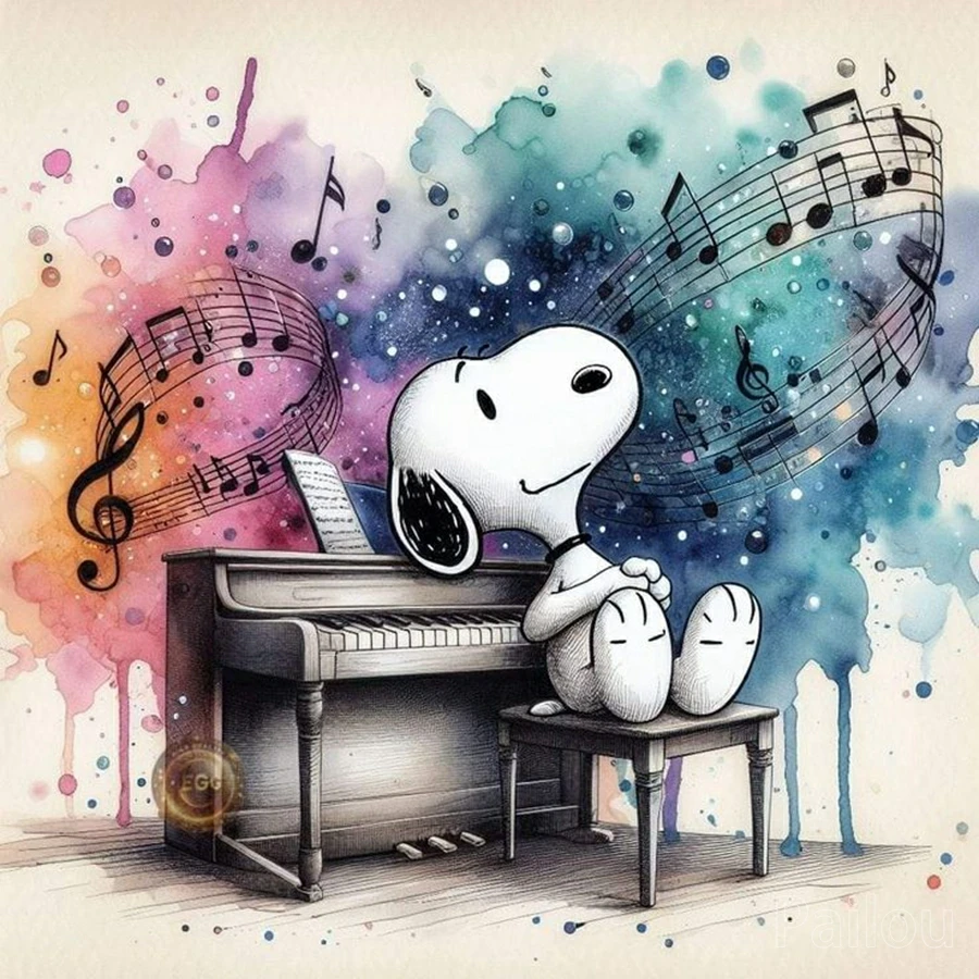 Musical Snoopy with Violin Piano Cartoon Comic Mosaic Embroidery
