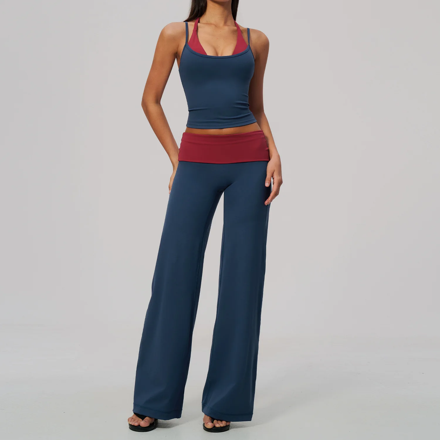 2 Piece Set Yoga Clothing Gym Fitness Workout Tracksuit Running Sportswear Suit Outfits Colorblock Longline Top Wide Leg Pants