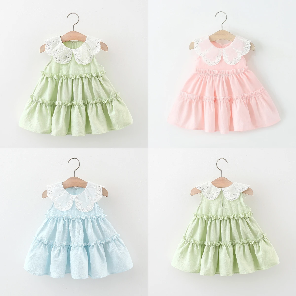 

Summer Baby Girls' Comfort Dress Green Sleeveless Lace Doll Collar Soft Cotton Dress New Arrival Kids Clothes