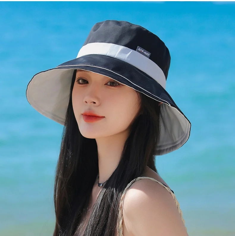 Summer Ice Silk Fisherman\'s Hat Korea Color Blocking UV Large Brim Sunscreen Hat Outdoor Beach Vacation Women 56-58cm