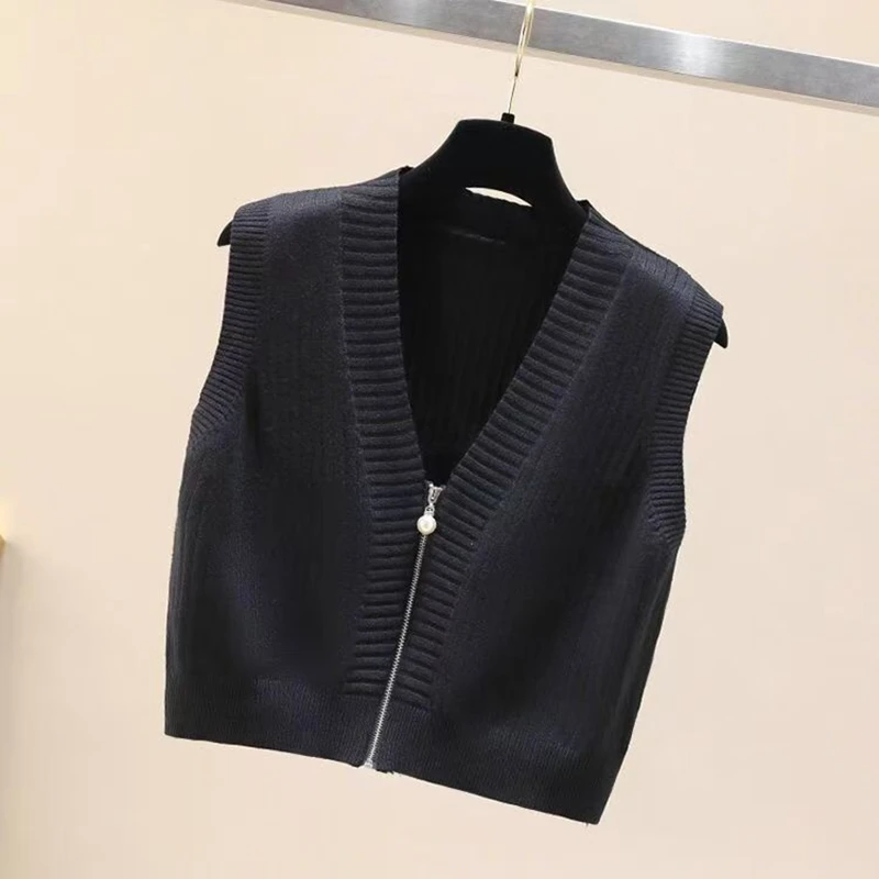 Sweter Rajutan Musim Gugur/Dingin Rompi Wanita Kardigan Kasual Ritsleting Mutiara Tanpa Lengan Atasan Crop Rompi Mantel 7 Warna