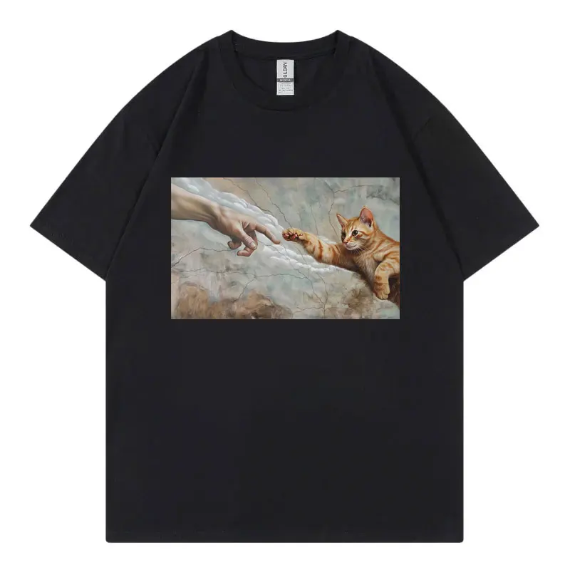 Funny Cat God Creation of Adam Meme T-shirt Men Women Summer 100%cotton T Shirt Casual Fashion Short Sleeve T-shirts Streetwear