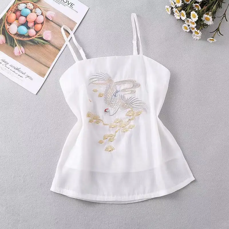 Han Element Suspender Fairy Crane Embroidery Vest Summer Han Bottomed Vest Lined Chinese Style Tops