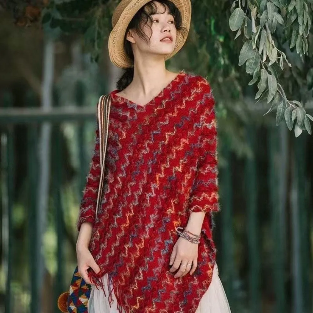 

Модный вязаный пуловер в этническом стиле, шаль, зимнее теплое элегантное монгольское пончо, накладки, женская мода