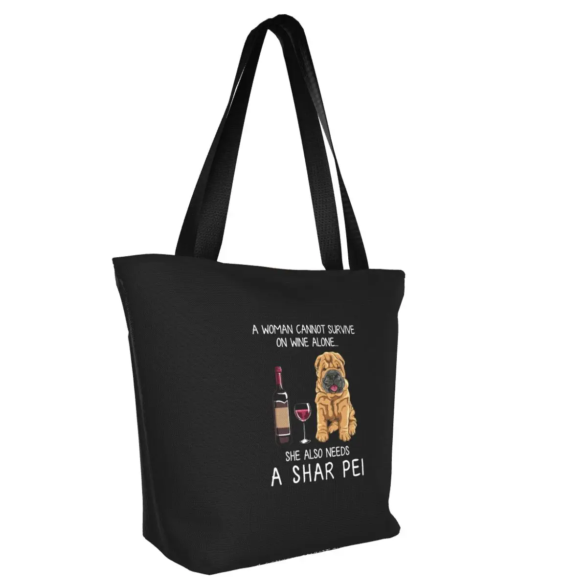 Funny Shar Pei And Wine Funny Dog Shopping Tote Bags Reusable Pet Puppy Lover Groceries Canvas Shopper Shoulder Bag