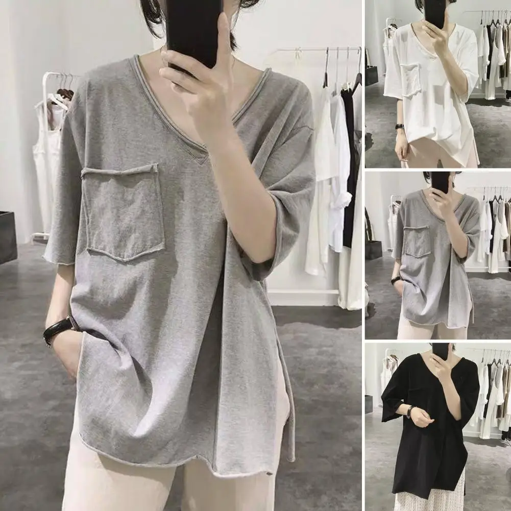 

Summer T-shirt V-Neck Short Sleeve Patch Pocket Tee Shirt Side Split Hem Blouse Solid Color Loose Fit Stretchy Pullover Tops