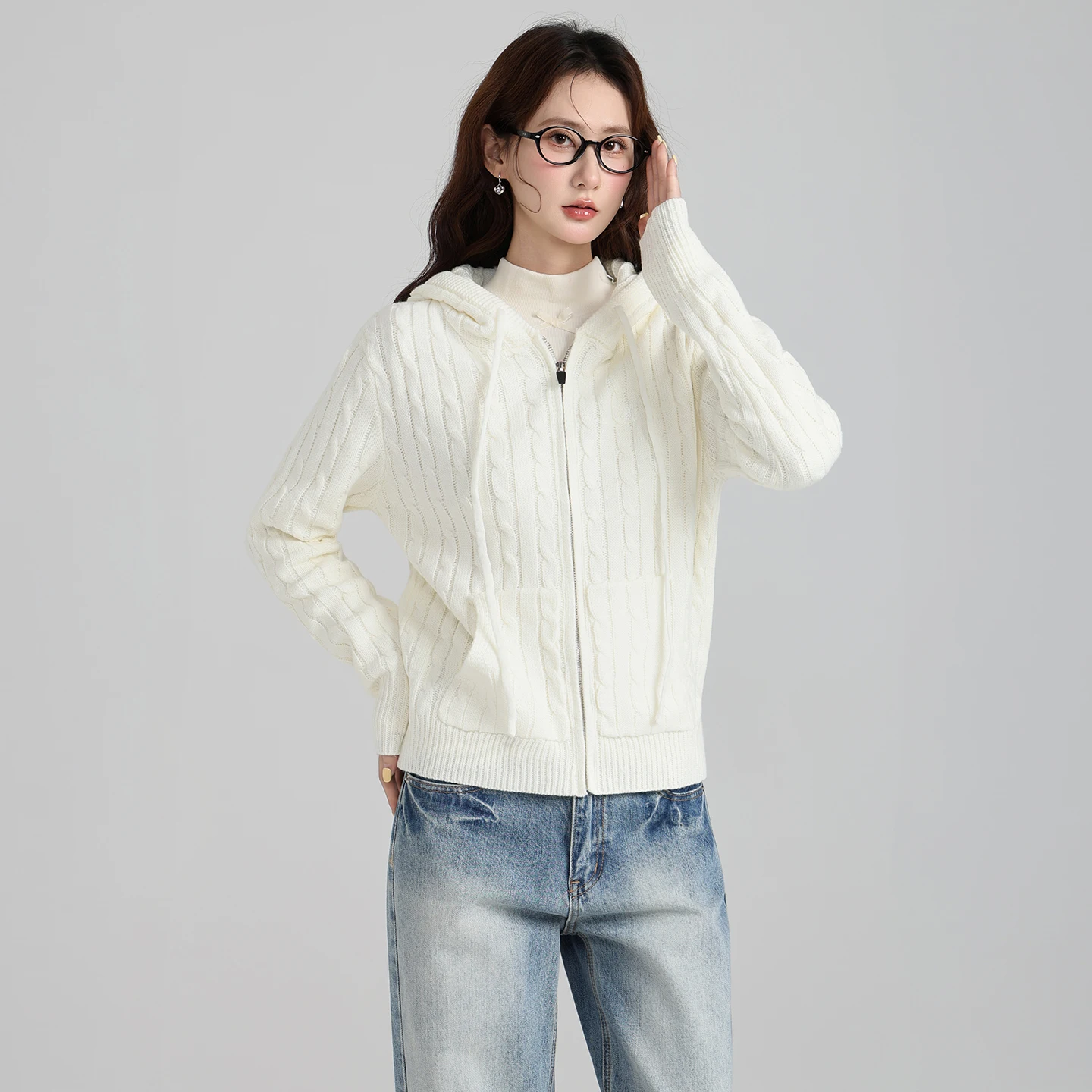 

Hooded Fried Dough Twists Knit Coat Women's Autumn and Winter Zipper Double Pocket Cardigan Loose Sweater