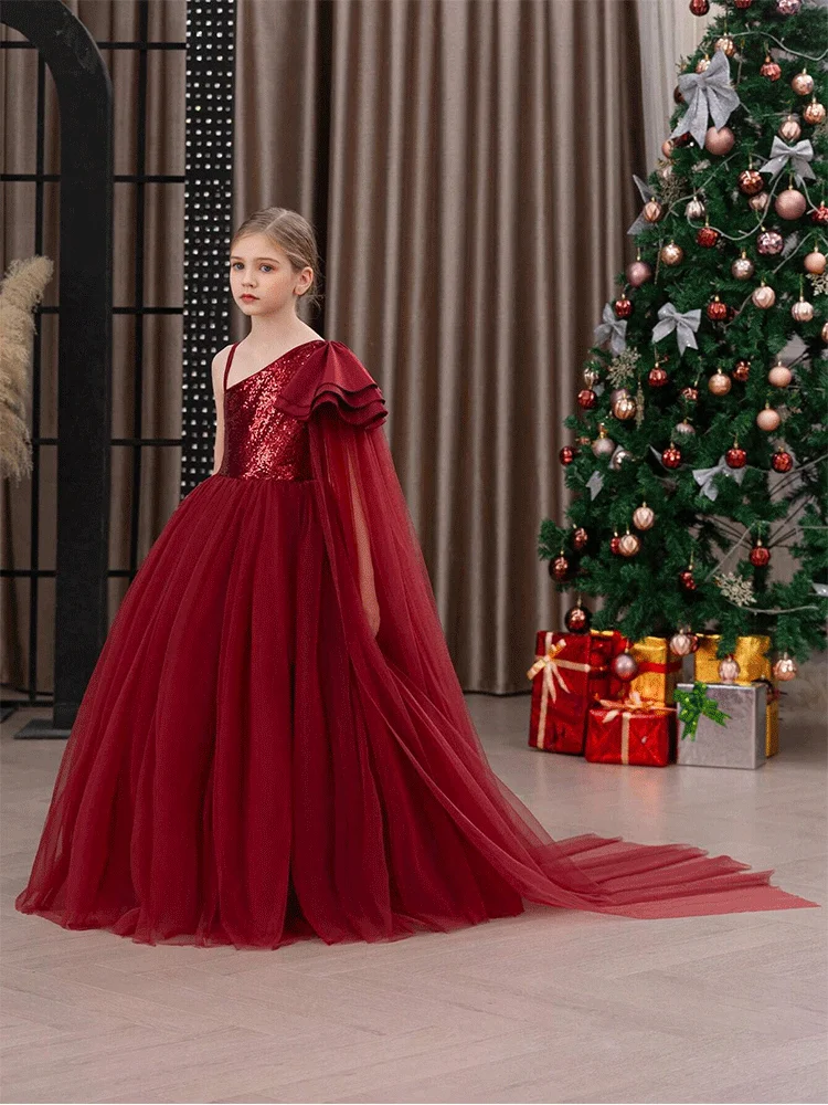 Red Girl Birthday Party Evening Dress Girl Luxury Wedding Flower Girl Dress Shiny Floor-Length Dance Performance Evening Dress