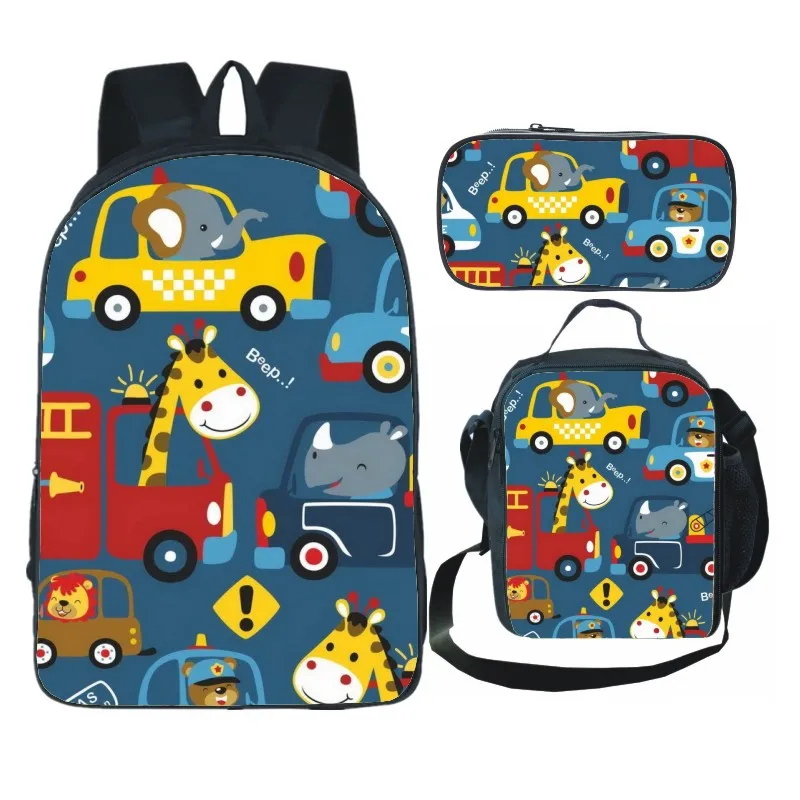 Cartoon Transport Auto 3 teile/satz Rucksack 3D-Druck Schüler Bücher tasche Laptop Daypack Umhängetasche Bleistift Fall leichte Tasche