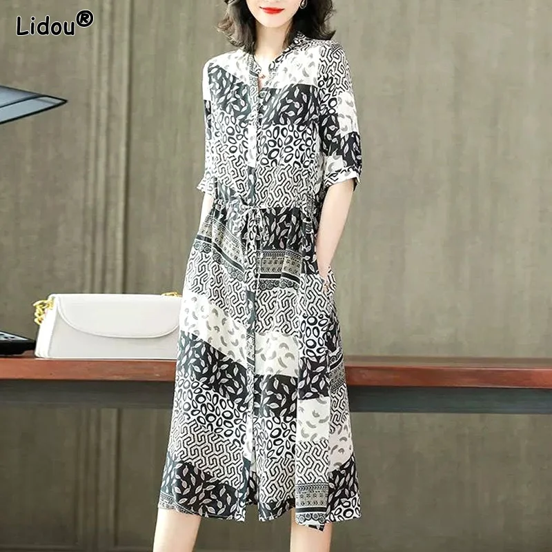 

Dresses Printing Loose Lacing Streetwear Elegant Vintage V-neck Women's Clothing Summer Thin Intellectual Temperament Splicing