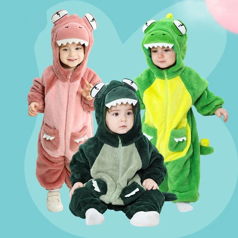 Halloween Cartoon Crocodile Baby Romper Todder Winter Thick Zipper Hooded Onesie Baby Boy Girl Clothes Flannel Cosplay Costume