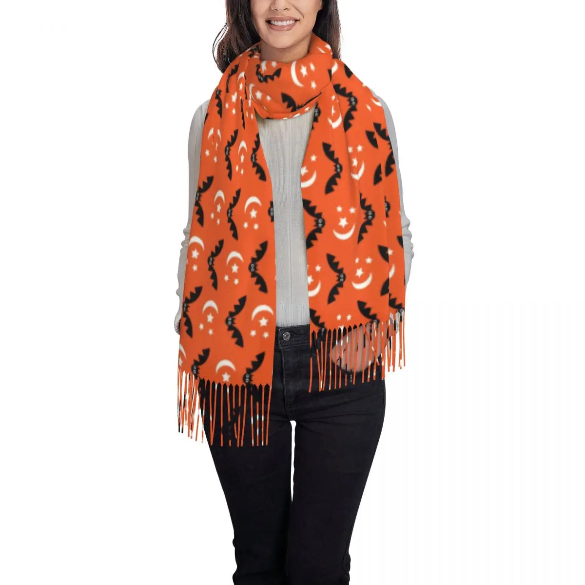 Halloween Scarf with Tassel Orange Black Bats Warm Soft Shawl Wrap Women Graphic Scarves Wraps Winter Casual Foulard