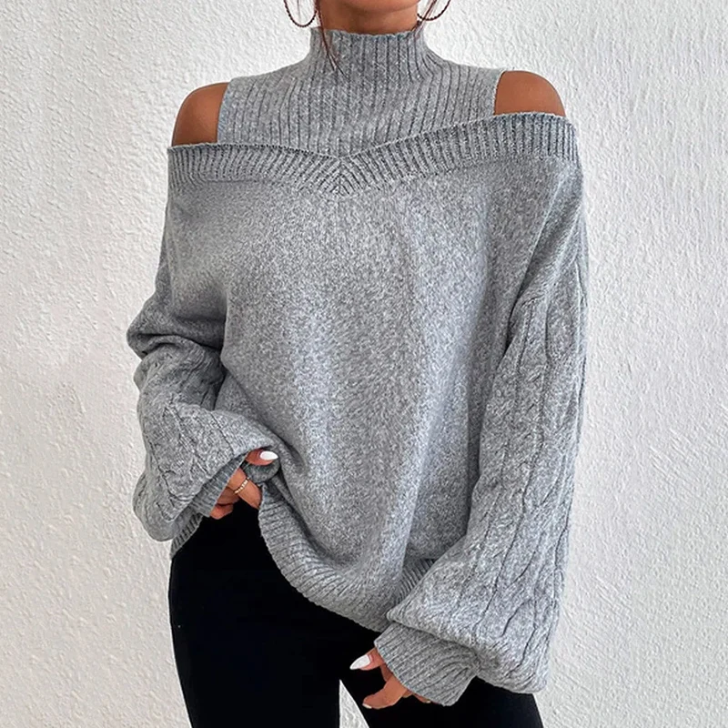 Design Half High Collar Off Shoulder Sweaters Women Korean Loose Long Sleeve Knitted Jumpers Ladies Balloon Sleeved Knitwear
