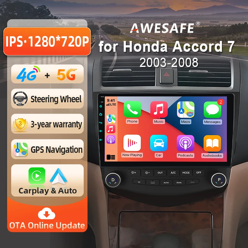 AWESAFE Radio Android 10 pouces pour Honda Accord 7 2003-2008, CarPlay et Android Auto sans fil, navigation GPS, support multimédia, commande au volant, amplificateur de subwoofer, caméra arrière avec CAN-BUS, EU Plug and Play, DAB+, autoradio numérique 2 DIN, autoradio stéréo RDS