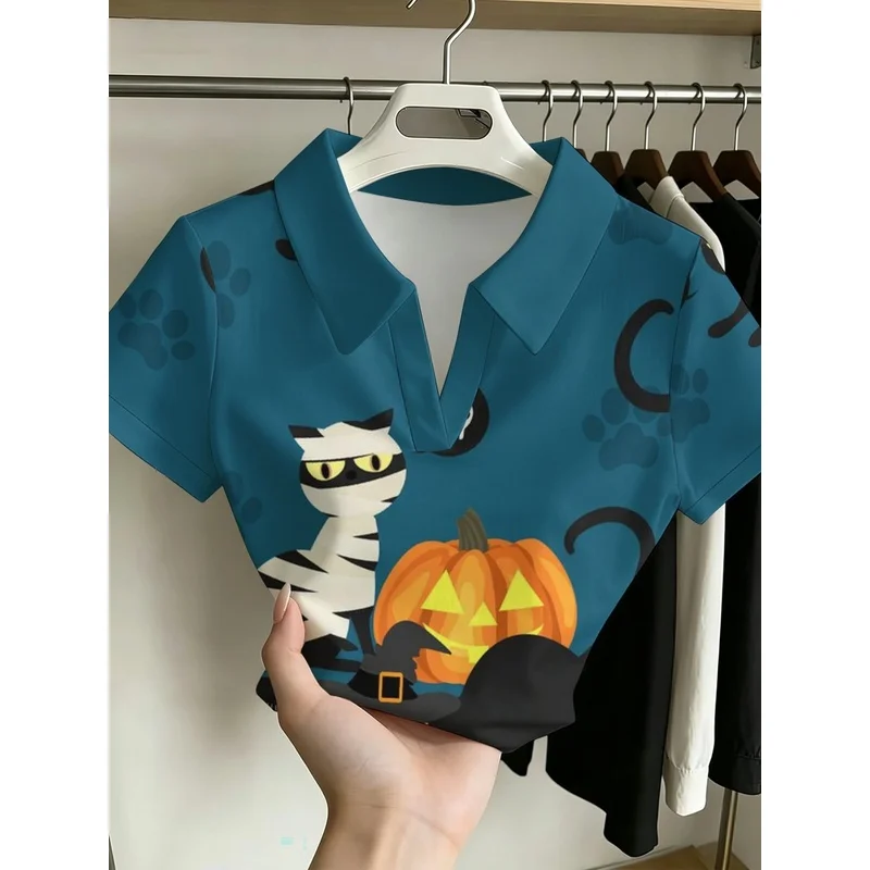 Women's fashionable and versatile without buttonsPOLOShirtPumpkin Calabaza Ja-o'-lantern Squash Felinae Witch Hat Felidae Tri-or