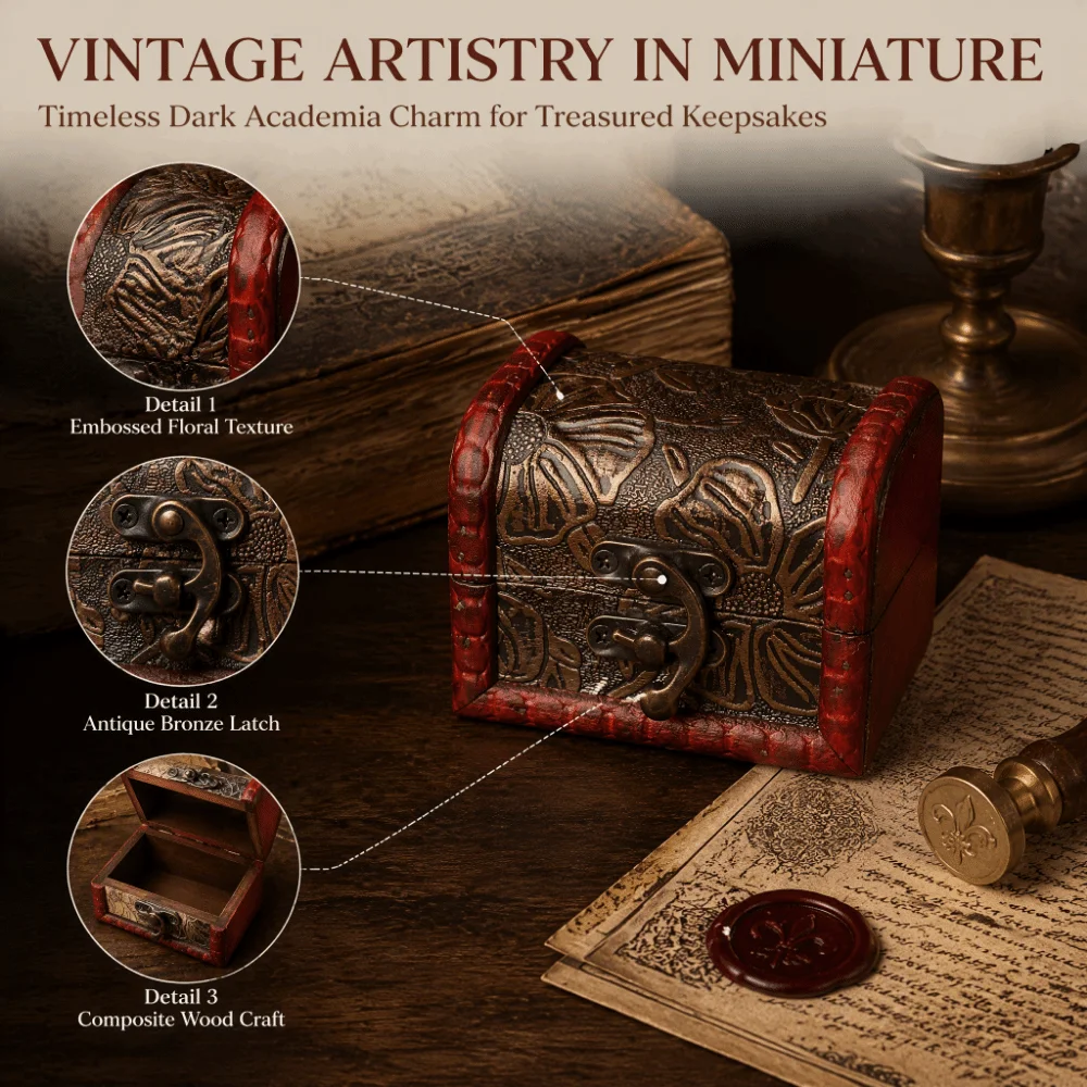 2pcs 8 x 6 x 6 cm Wooden Jewelry Box Composite Wood Dark Brown Floral Pattern Trinket Box Wine‑Red Edge Trim Vintage Map Print