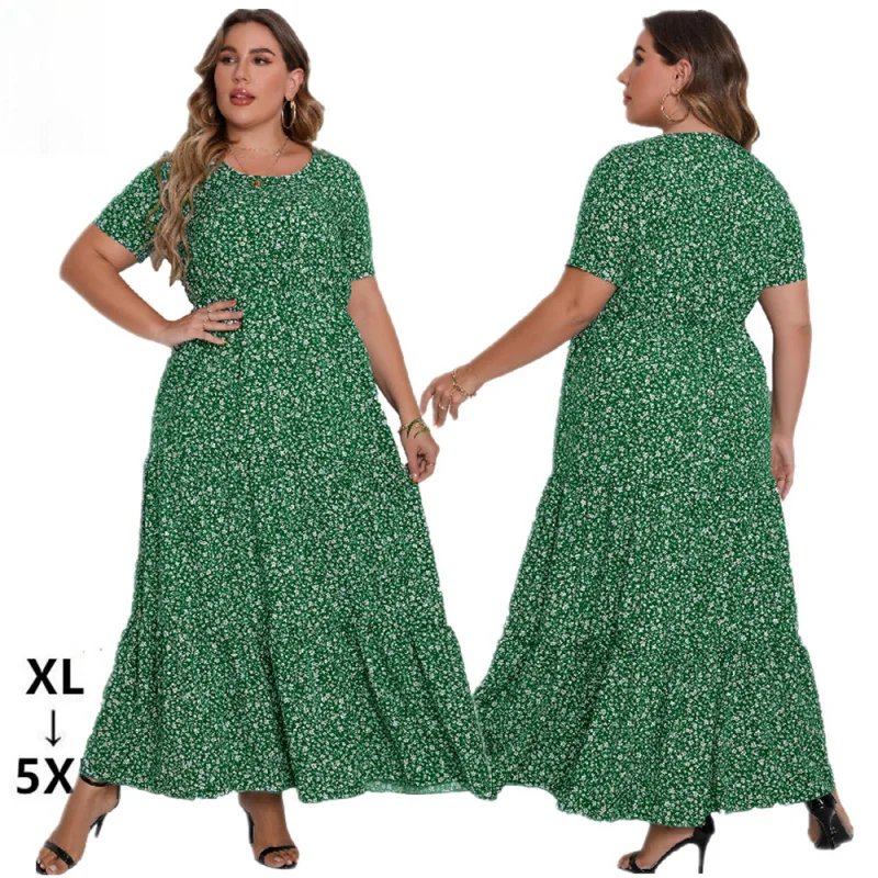 

2024 European and American plus Size Women's Clothes Summer New Short Sleeve round Neck Long Dress